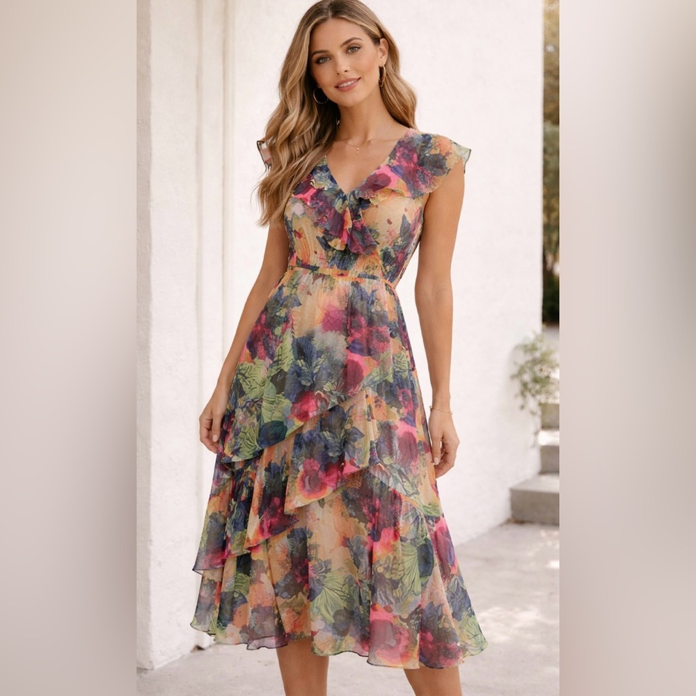Soft Surroundings Ambrosia Floral Tiered Ruffle Maxi Dress Size M